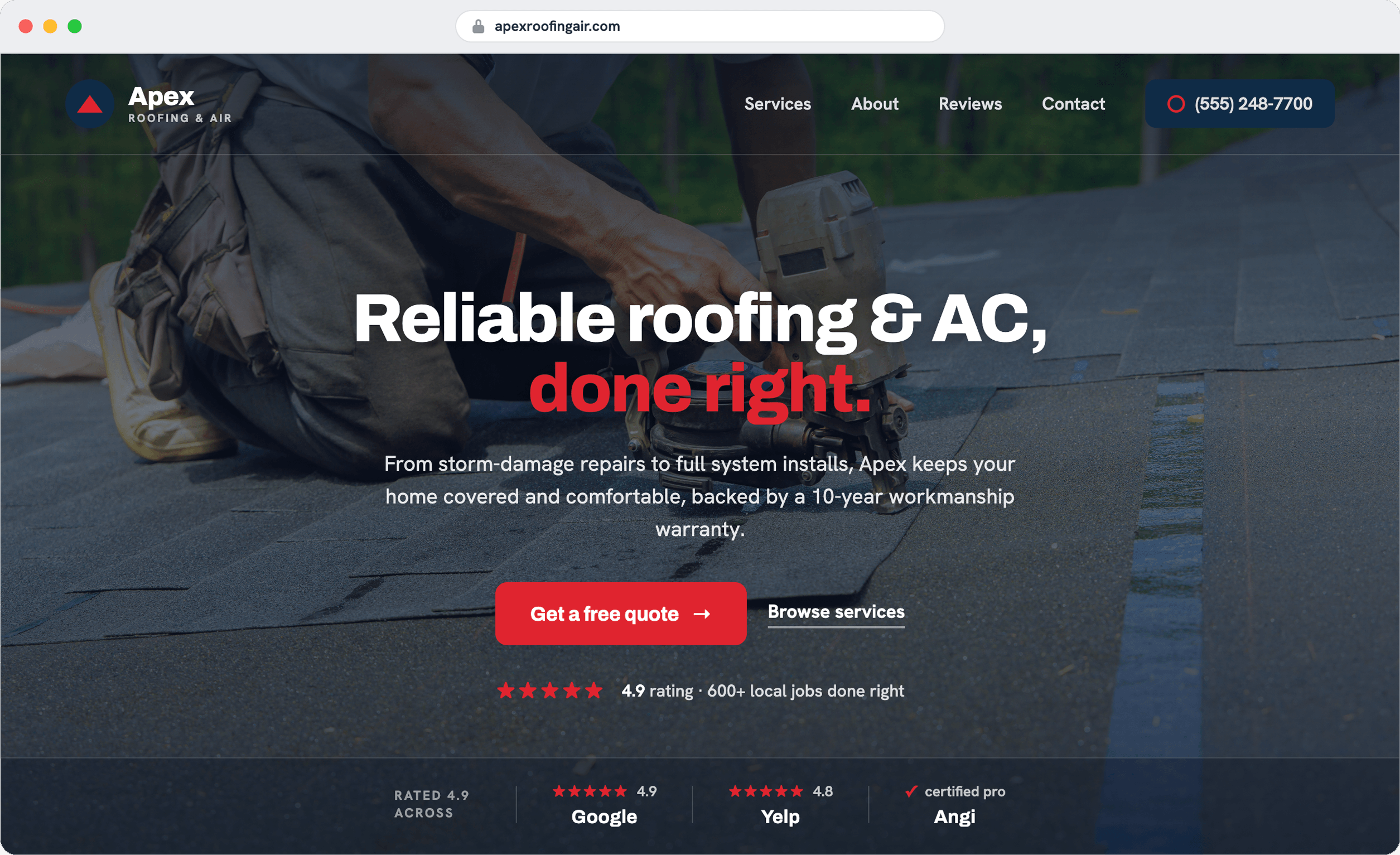 Apex Roofing & Air website